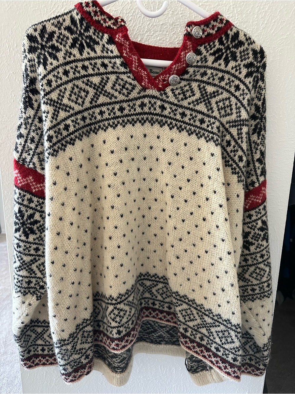 L.L. Bean Cream, Black and Red Nordic Crew Sweater